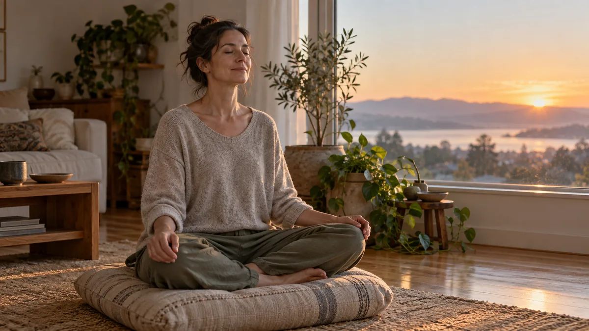 Femme assise en tailleur sur un coussin, les yeux fermés, méditant au lever du jour