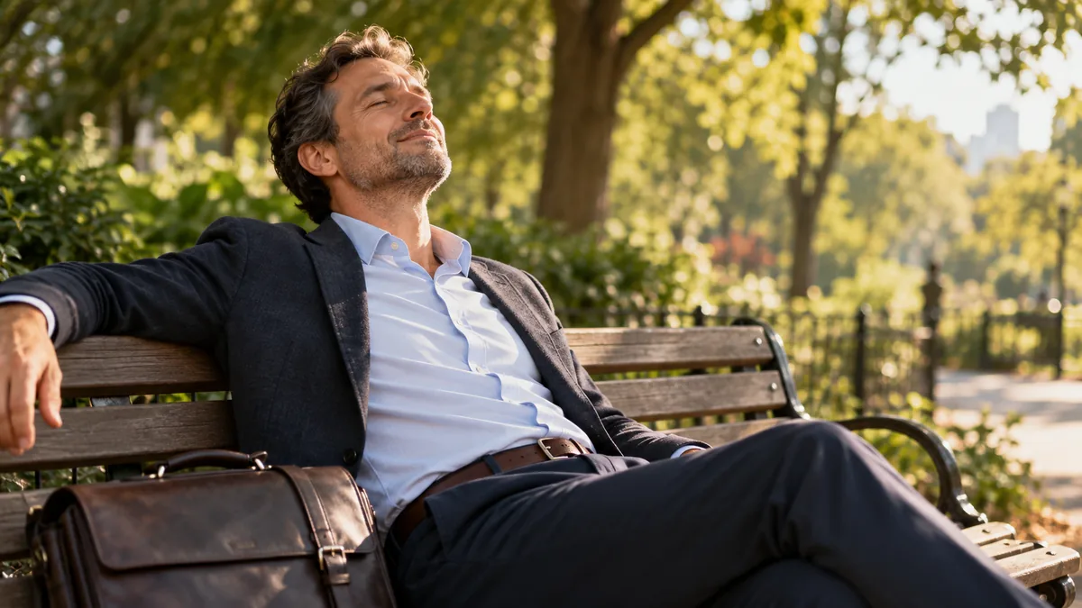 Homme détendu sur un banc, les yeux fermés, le visage tourné vers le soleil