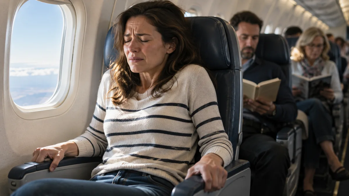 Femme angoissée agrippant les accoudoirs de son siège dans un avion, les yeux fermés