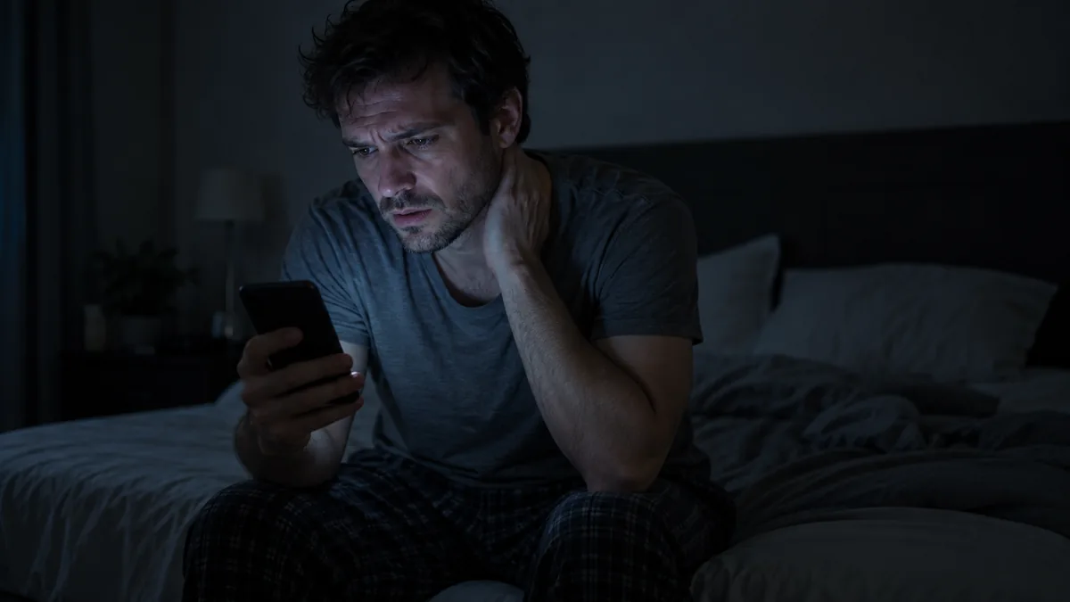 Homme inquiet la nuit sur son lit, cherchant ses symptômes sur son téléphone, la main sur le cou