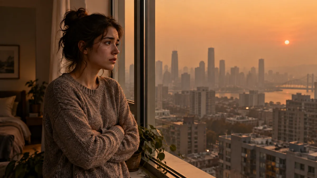 Jeune femme inquiète regardant par la fenêtre un ciel orangé voilé par la fumée d'incendies