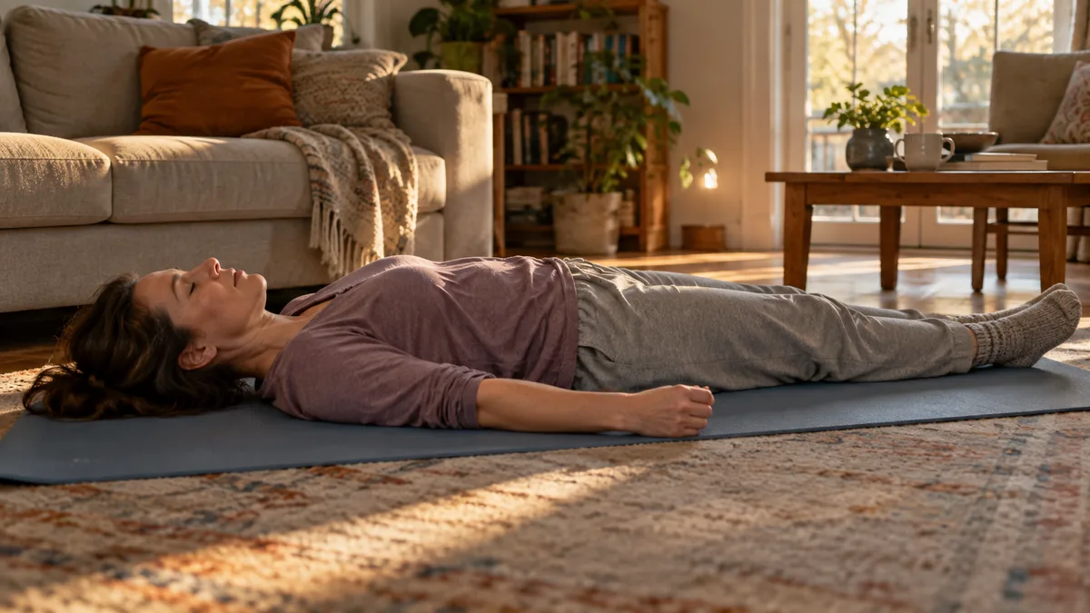 Femme allongée sur un tapis, les yeux fermés, contractant les poings pendant une séance de relaxation