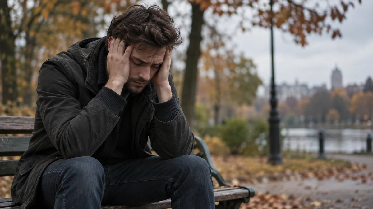 Jeune homme tourmenté sur un banc, les mains sur la tête et les yeux fermés