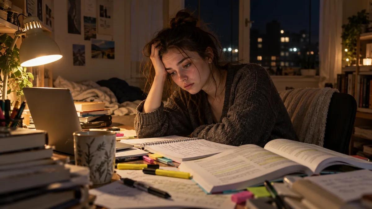 Étudiante fatiguée et stressée révisant tard le soir à son bureau, entourée de cours
