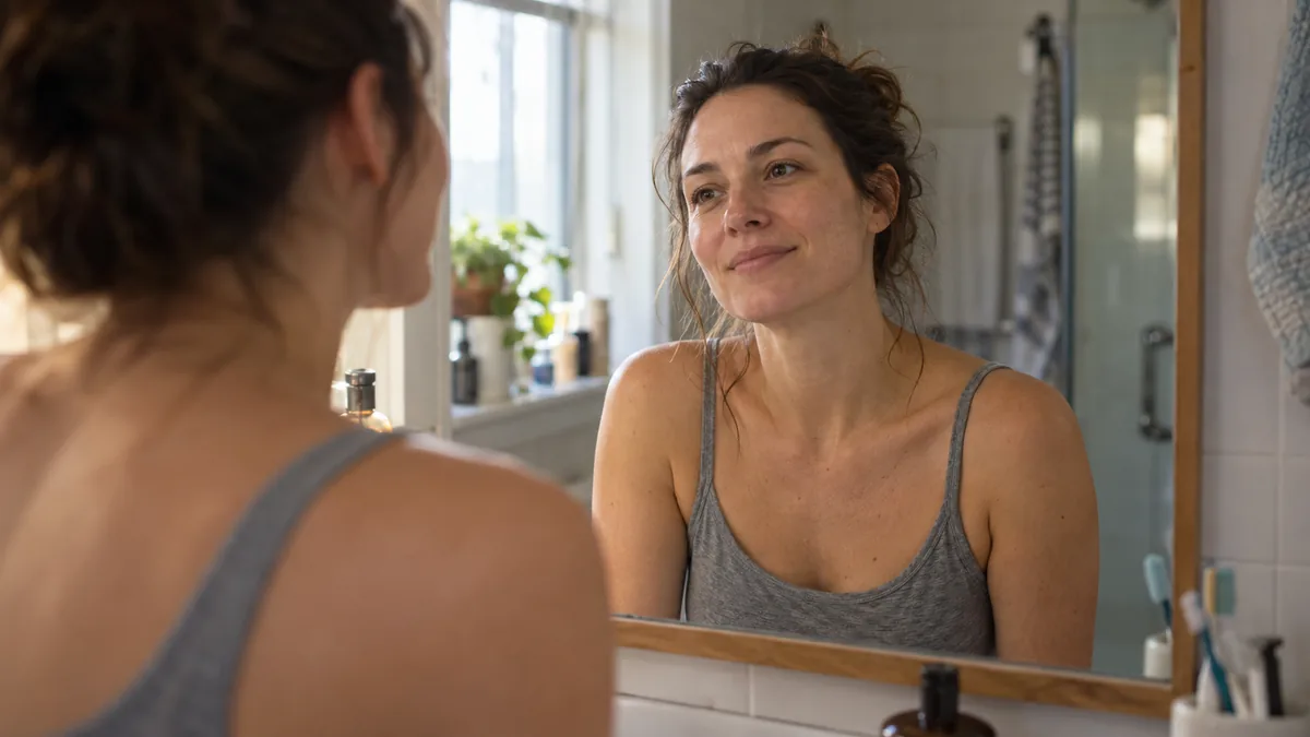 Femme se regardant dans le miroir de la salle de bain avec un léger sourire bienveillant