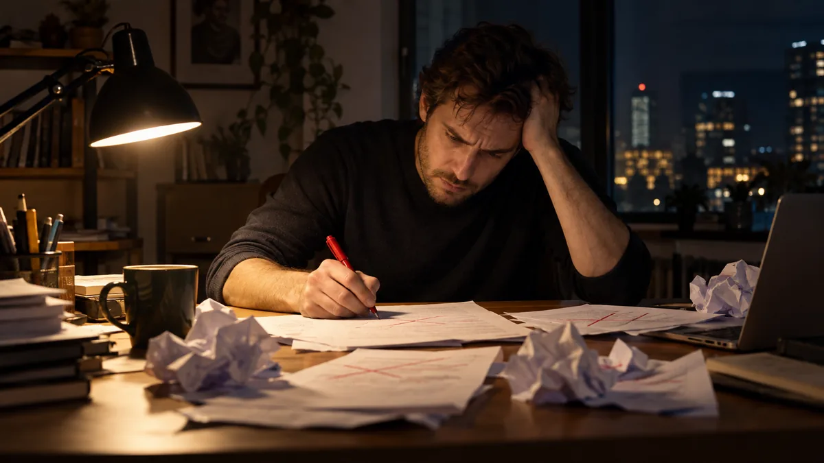 Homme corrigeant un document au stylo rouge tard le soir, entouré de feuilles froissées