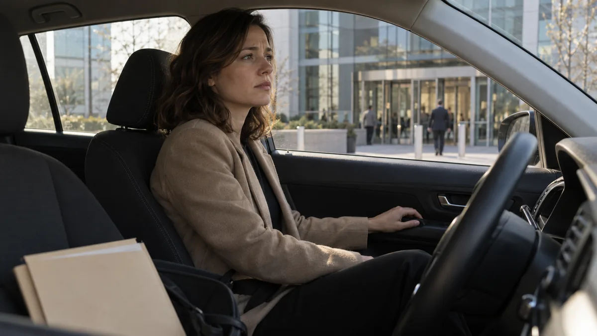 Femme hésitante assise dans sa voiture devant un immeuble, la main sur la poignée de la portière