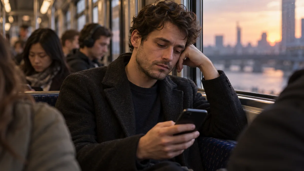Jeune homme au regard morose faisant défiler son téléphone dans le train