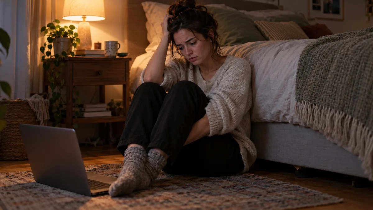 Jeune femme assise par terre contre son lit, le regard baissé et l'air de se reprocher quelque chose