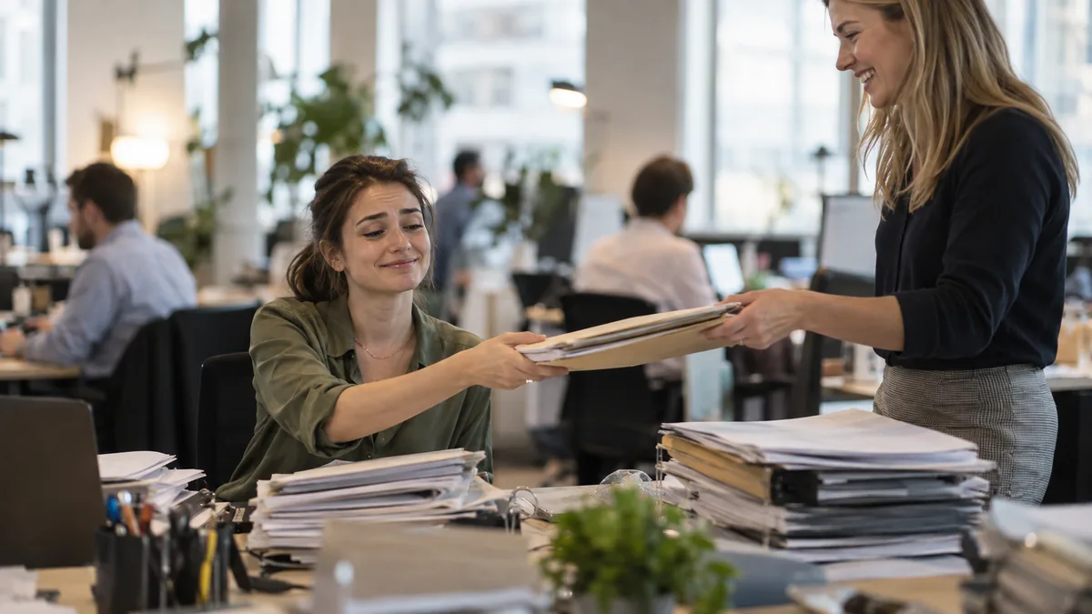 Femme au sourire forcé acceptant un dossier de plus d'un collègue, son bureau déjà encombré