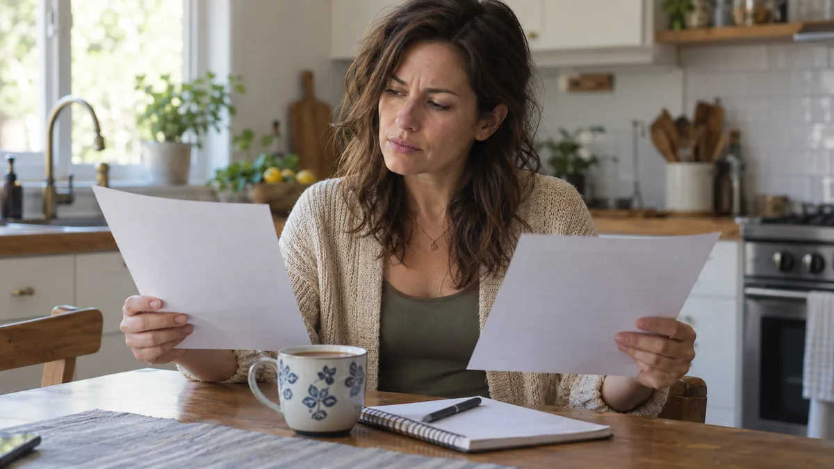 Femme hésitante comparant deux documents à la table de sa cuisine