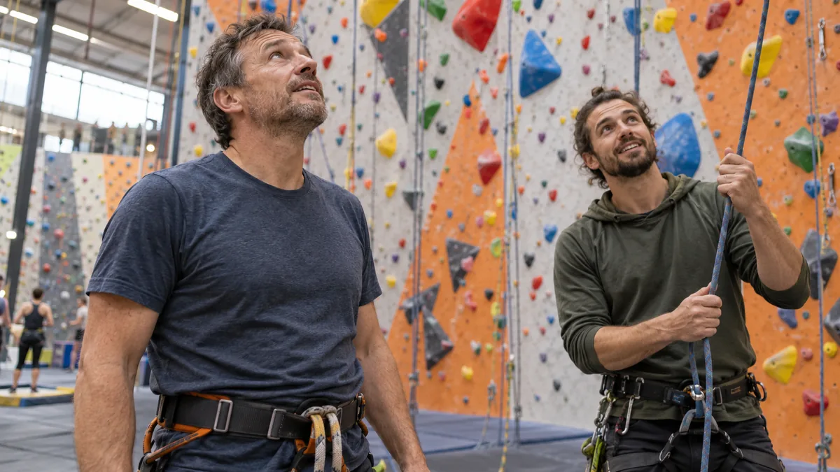Homme d'une cinquantaine d'années regardant un mur d'escalade avant sa première ascension