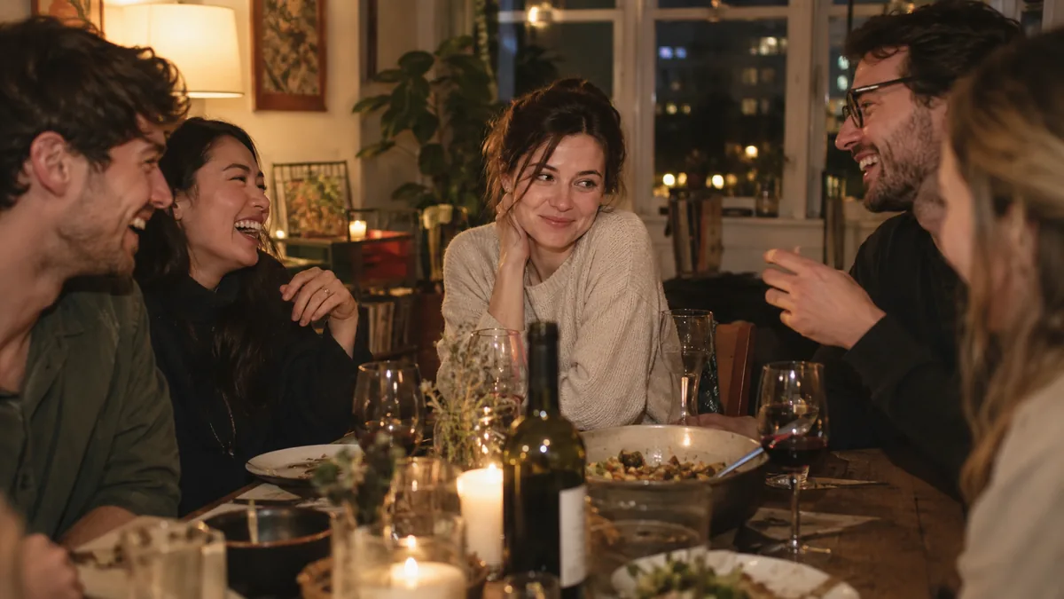 Femme en retrait, au sourire poli, pendant que ses amis rient et discutent autour de la table