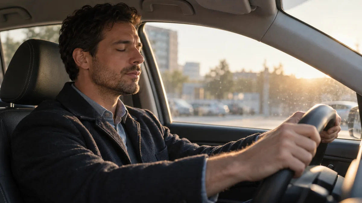 Homme dans sa voiture, les yeux fermés, se parlant calmement à lui-même avant d'aller travailler