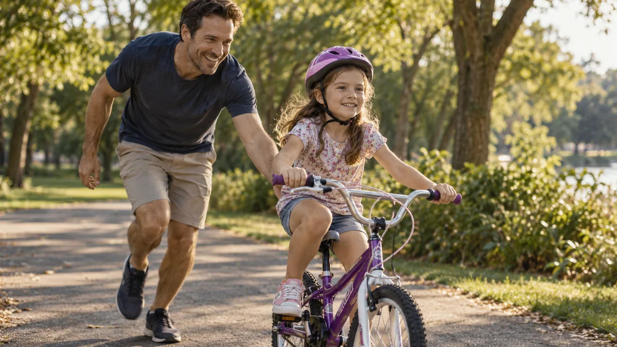 Père lâchant la selle du vélo de sa fille qui roule seule pour la première fois dans un parc