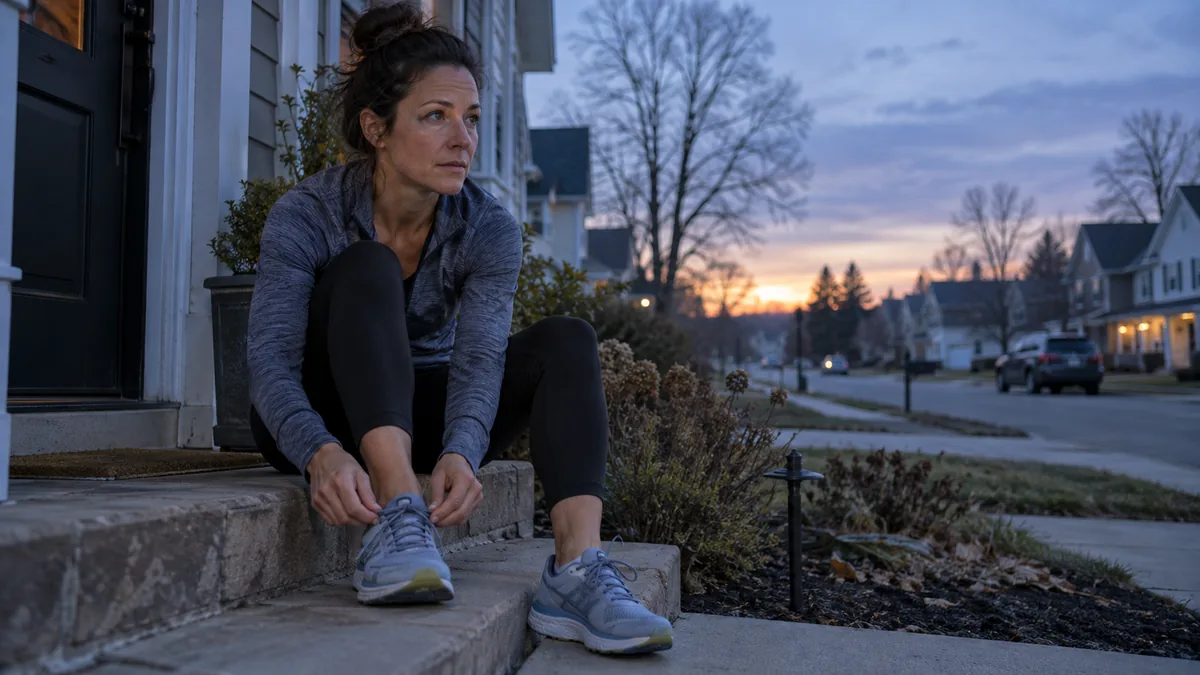 Femme laçant ses chaussures de course sur le pas de sa porte au lever du jour