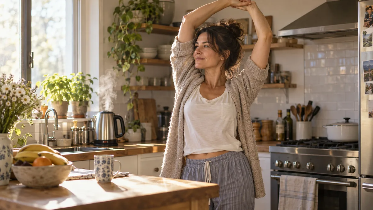 Femme faisant quelques étirements dans sa cuisine le matin pendant que l'eau chauffe