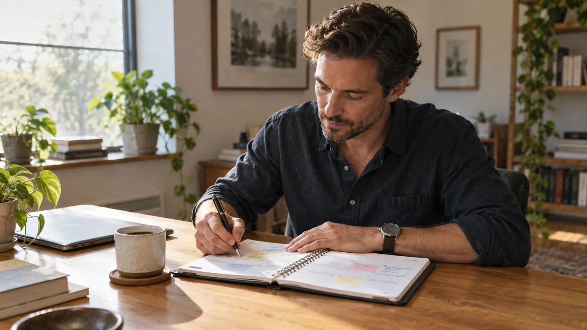 Homme planifiant sa semaine dans un agenda papier à son bureau le matin