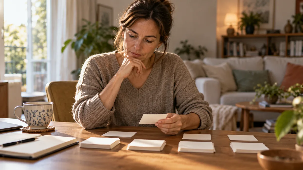 Femme triant des petites cartes en plusieurs piles sur une table, l'air pensif