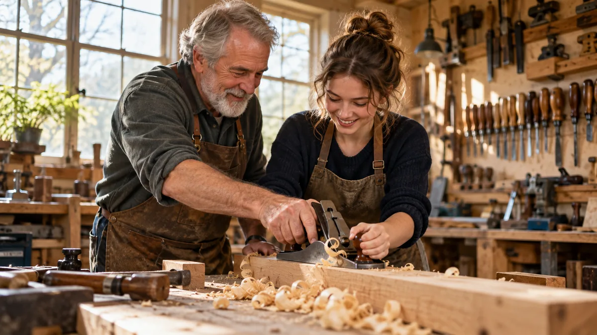Homme âgé transmettant son savoir-faire à une jeune femme dans un atelier de menuiserie