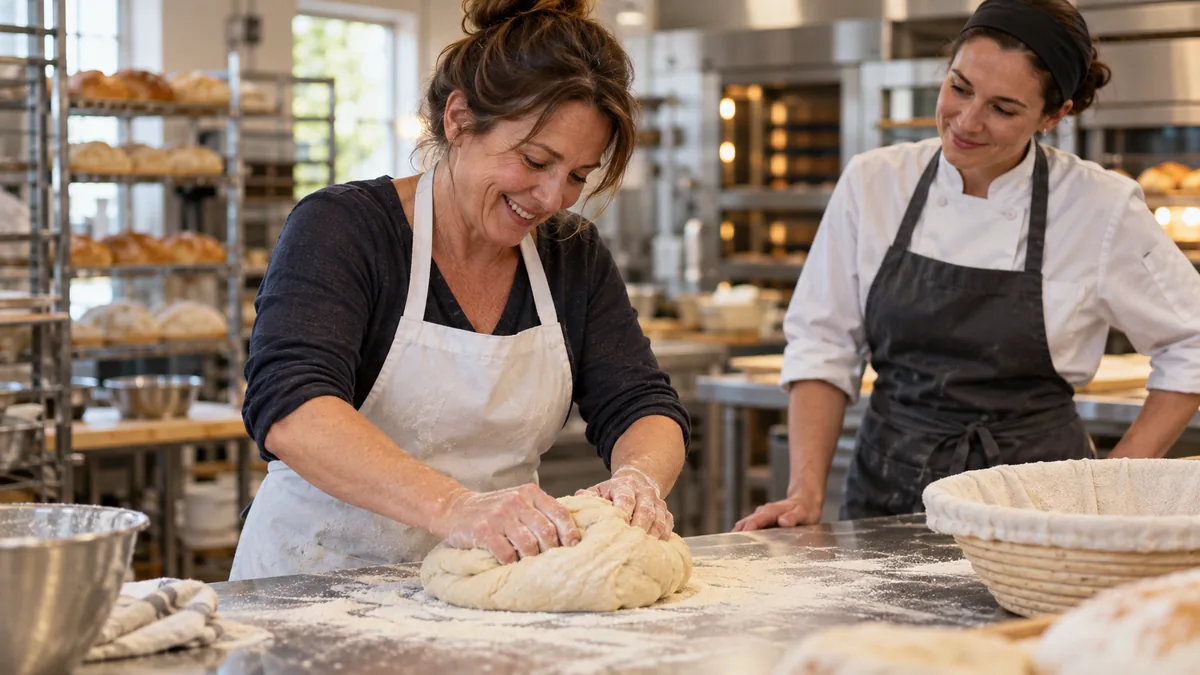 Femme d'une quarantaine d'années apprenant à pétrir le pain dans une boulangerie-école