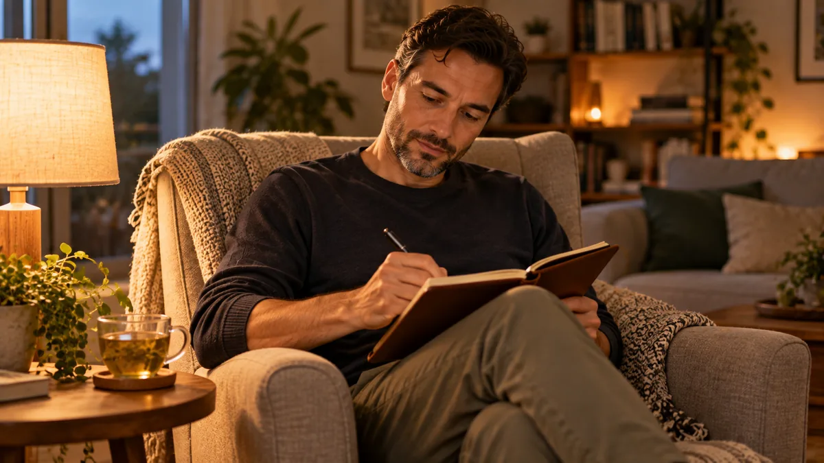 Homme écrivant dans un carnet le soir, installé dans un fauteuil à la lumière d'une lampe
