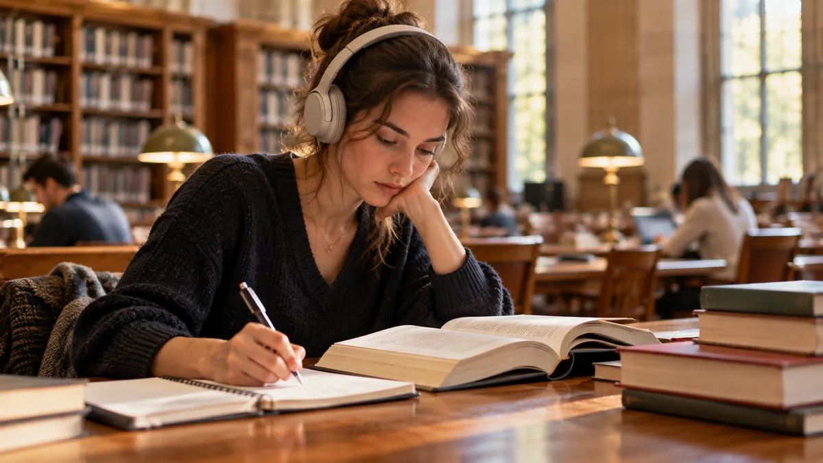 Jeune femme concentrée lisant et prenant des notes dans une bibliothèque, casque sur les oreilles