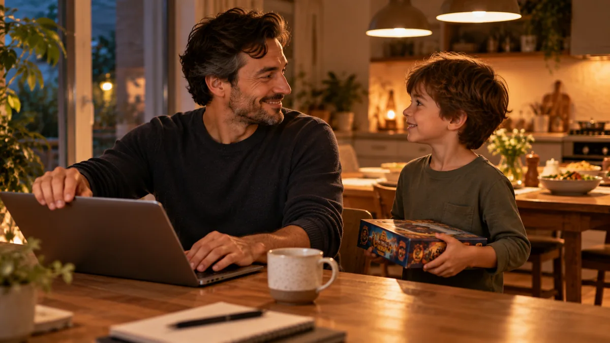 Père refermant son ordinateur le soir pour jouer avec son fils qui l'attend avec un jeu de société