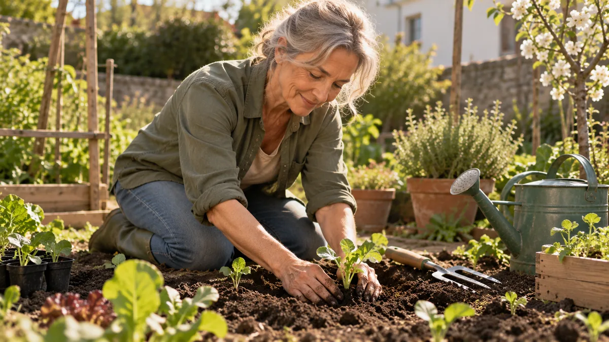 Femme souriante plantant de jeunes pousses dans son potager au printemps