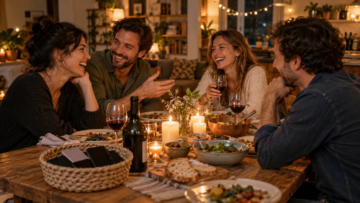 Amis discutant et riant autour d'une table, leurs téléphones rangés dans un panier