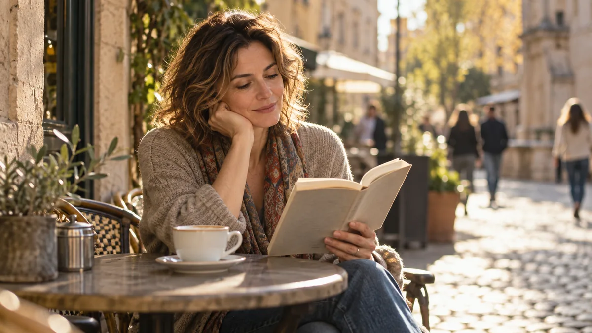Femme détendue lisant un livre seule à une terrasse de café