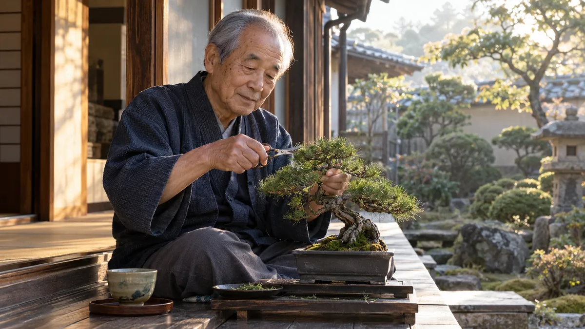 Homme japonais âgé taillant un bonsaï avec soin sur une véranda en bois le matin