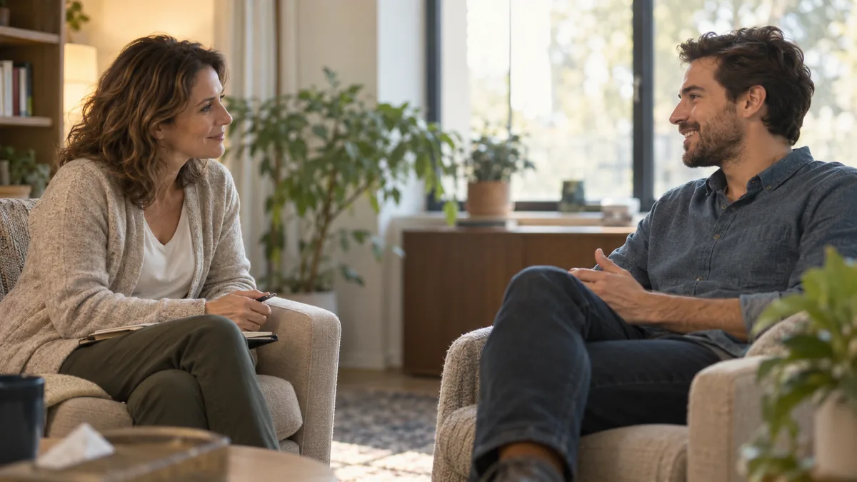 Coach et client échangeant avec confiance et respect lors d'une séance d'accompagnement
