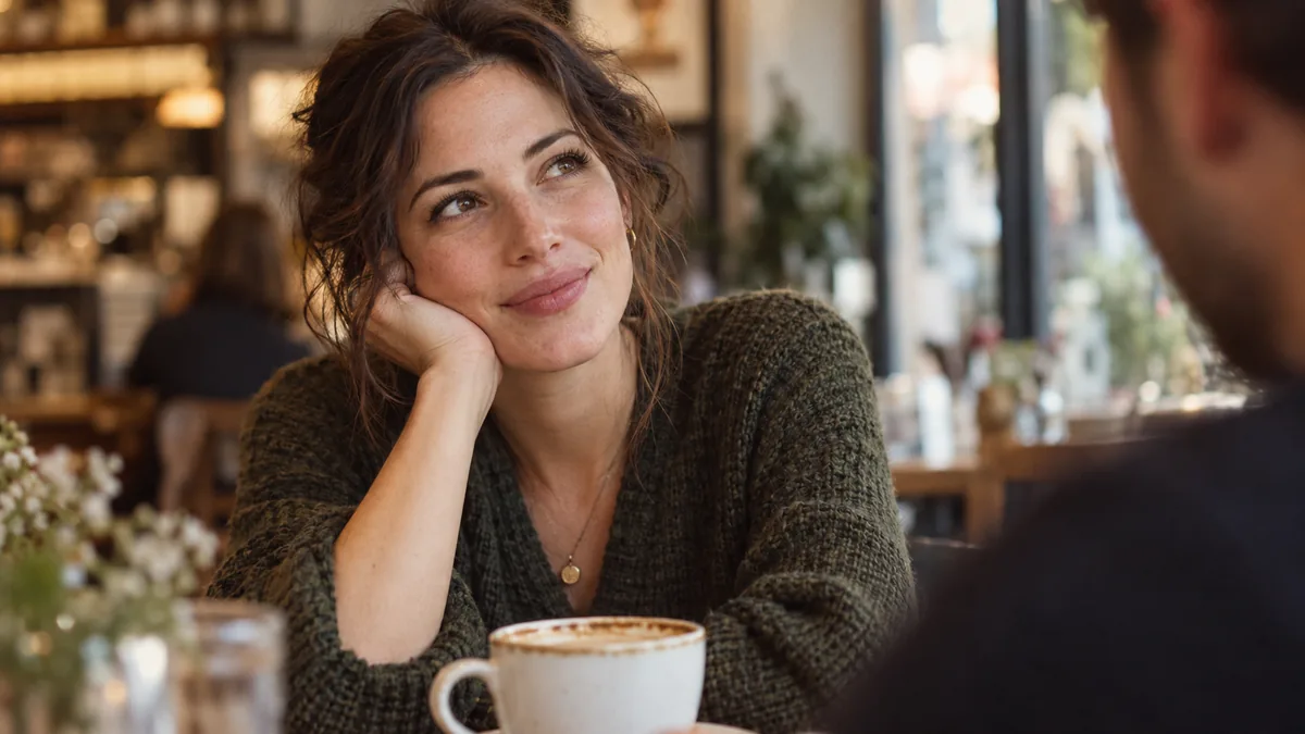 Femme levant les yeux sur le côté en se remémorant un souvenir pendant une conversation