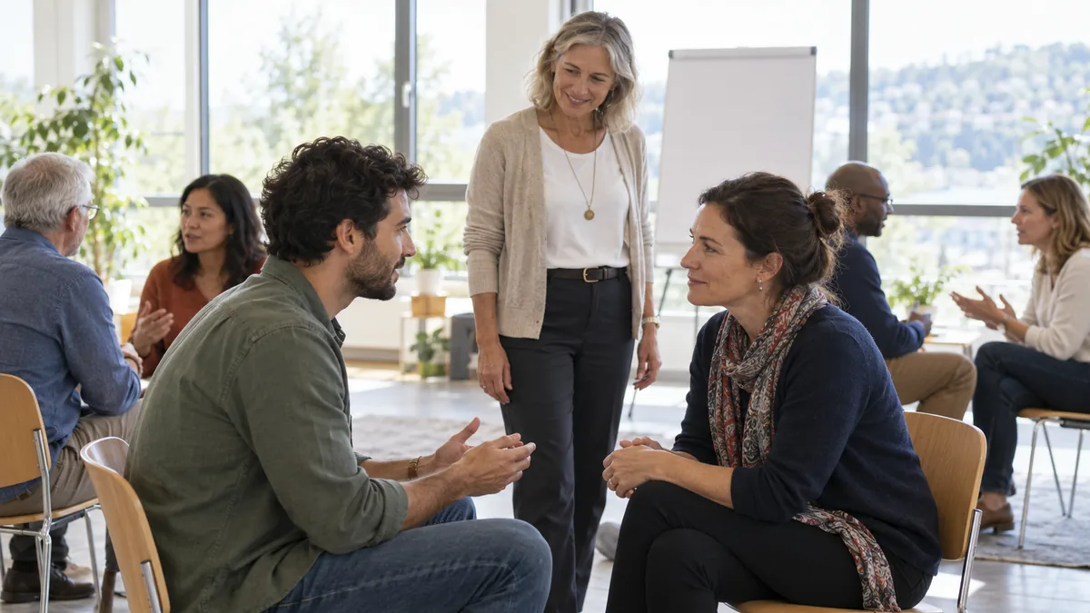 Participants d'une formation PNL s'exerçant en binômes sous le regard d'une formatrice