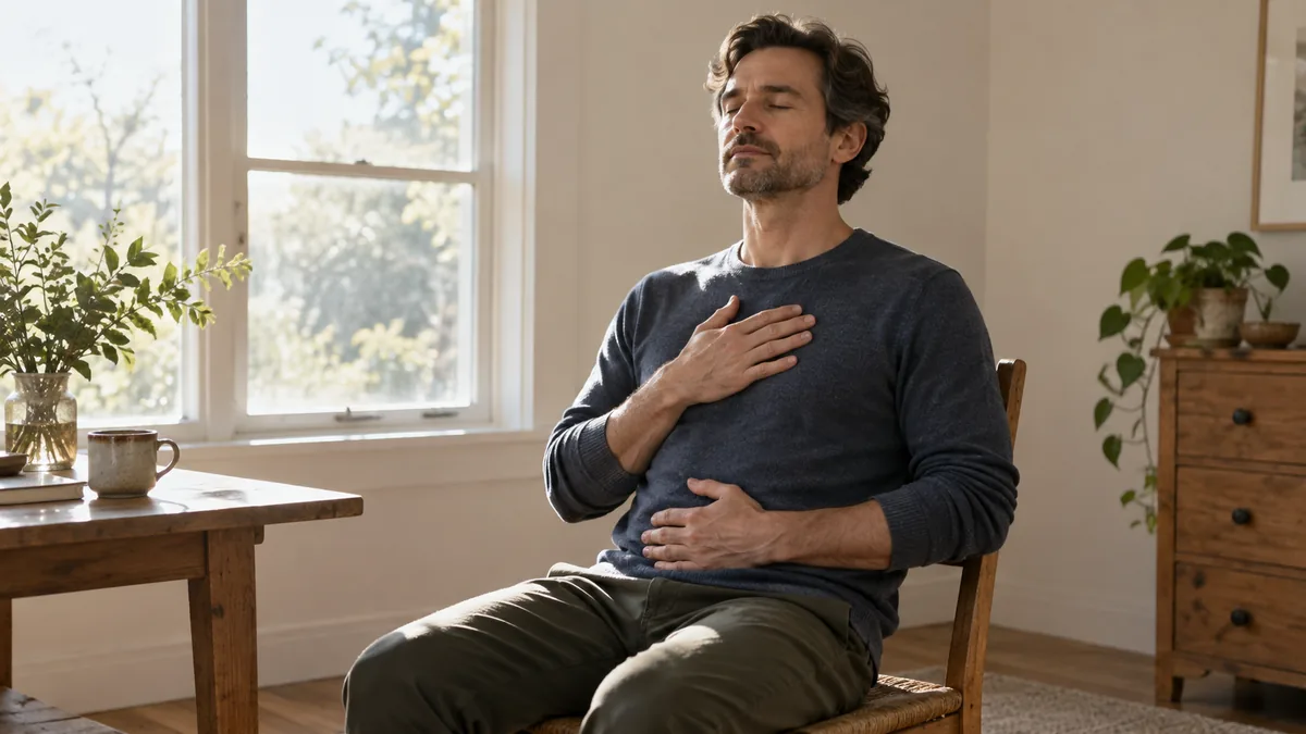 Homme assis les yeux fermés, une main sur le ventre, pratiquant la cohérence cardiaque
