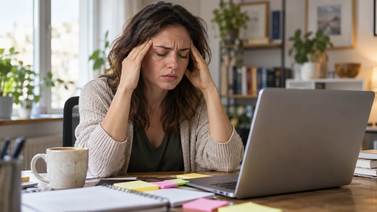 Femme stressée se massant les tempes devant son ordinateur