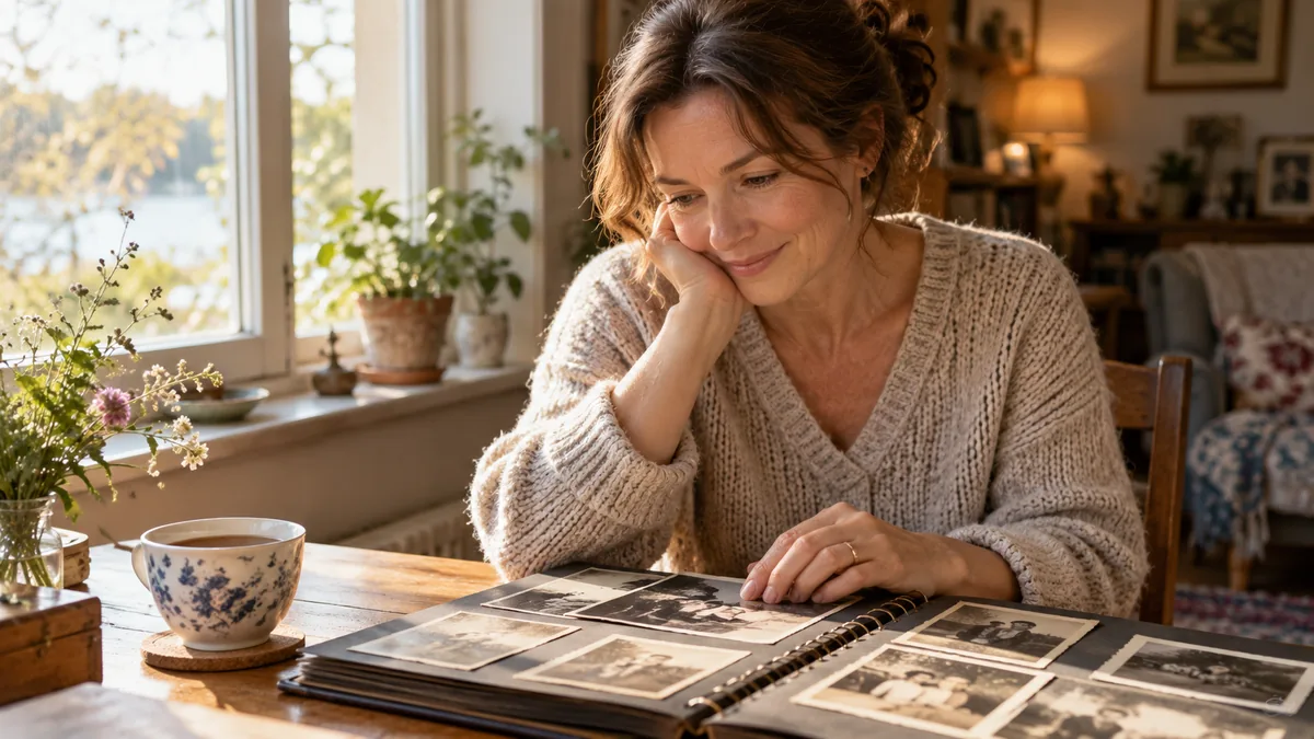 Femme regardant avec tendresse un vieil album photo de famille près d'une fenêtre