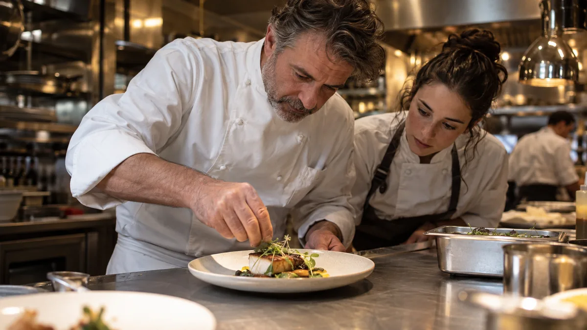 Jeune apprentie observant attentivement un chef expérimenté dresser une assiette
