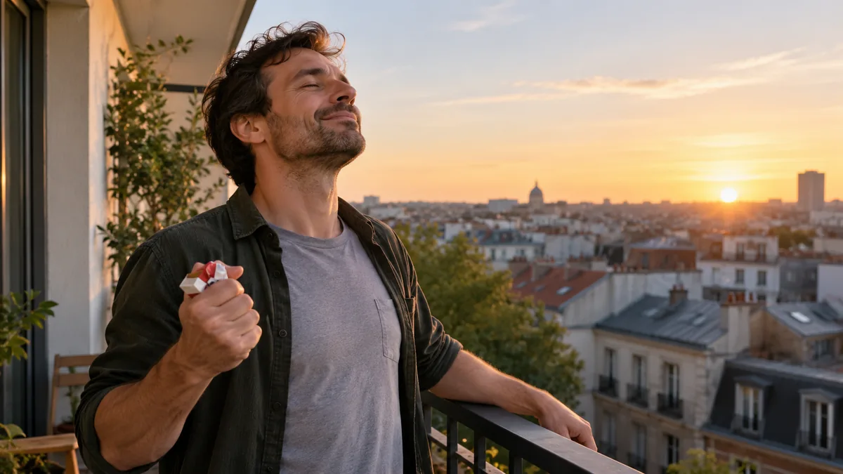 Homme froissant un paquet de cigarettes vide sur son balcon en respirant l'air frais du matin