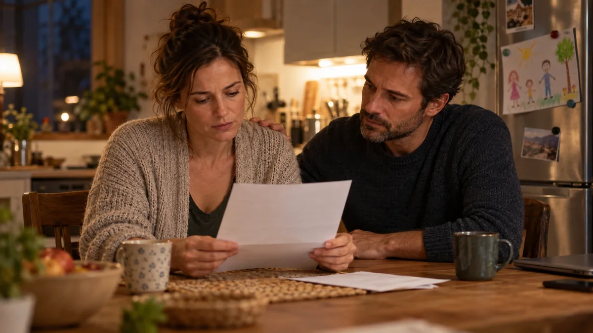 Couple discutant calmement d'une décision importante à la table de la cuisine