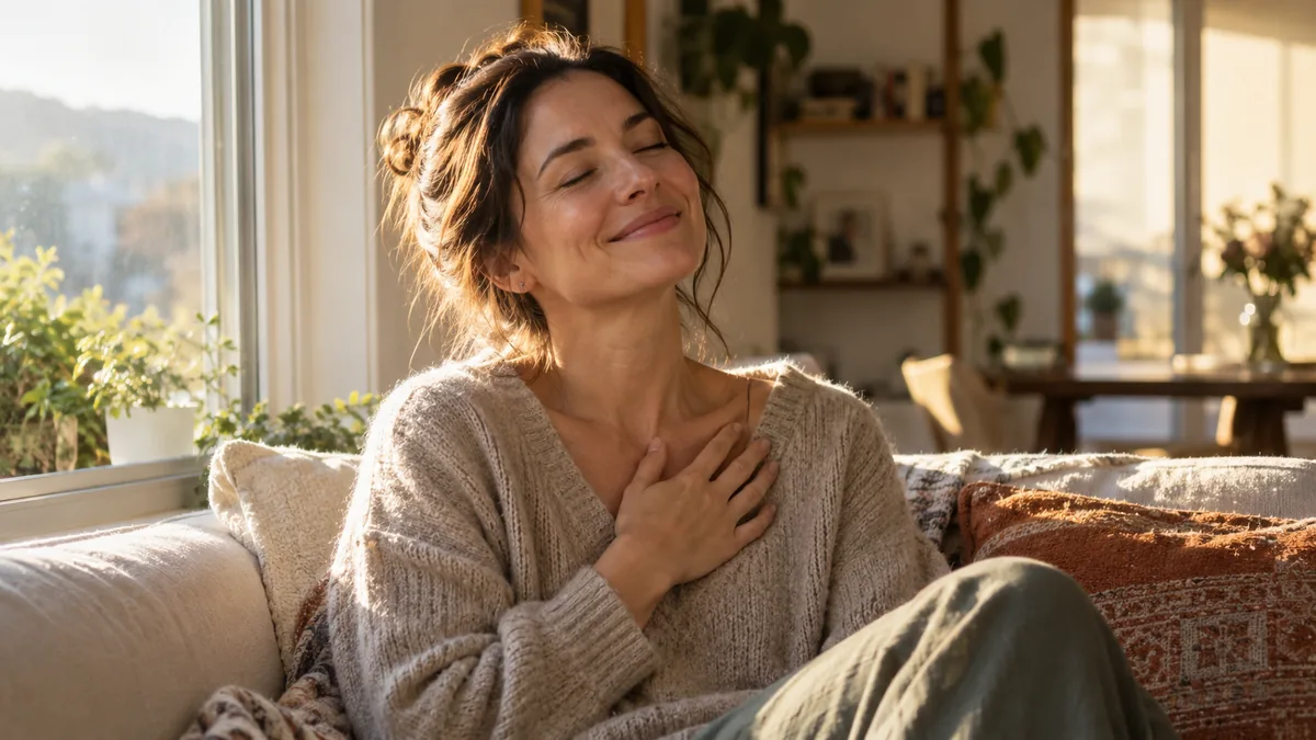 Femme les yeux fermés revivant un souvenir heureux avec un grand sourire