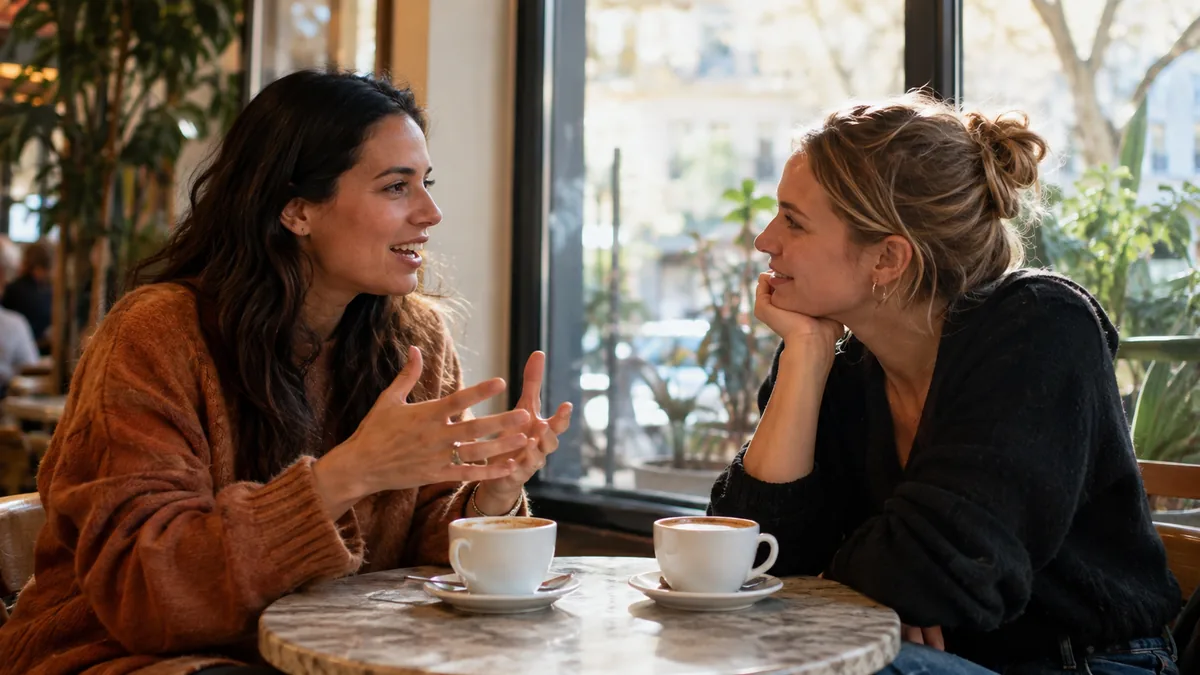 Deux amis en pleine conversation animée dans un café, l'un parlant avec les mains