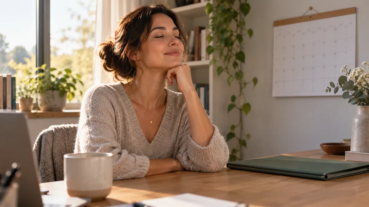 Femme les yeux fermés à son bureau, s'imaginant sereinement un événement à venir