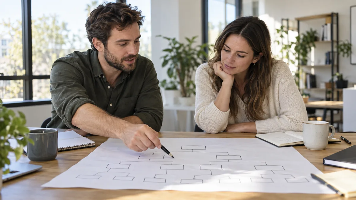 Deux collègues travaillant sur un schéma en arborescence dessiné sur une grande feuille