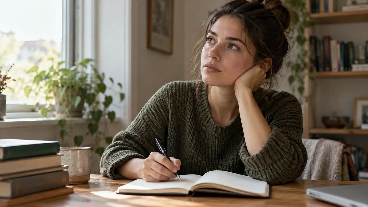 Femme levant les yeux en cherchant à se rappeler l'orthographe d'un mot avant d'écrire