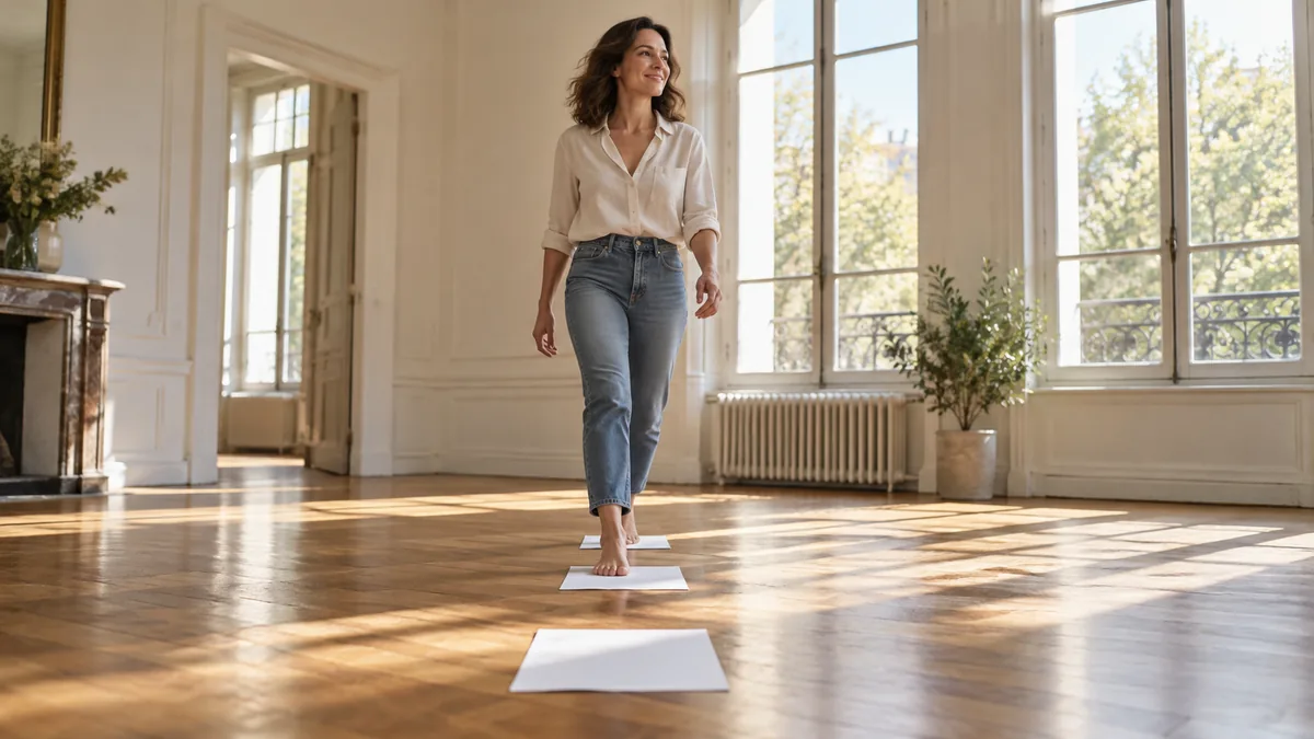 Femme avançant sur des feuilles posées au sol, sa posture devenant plus confiante à chaque pas