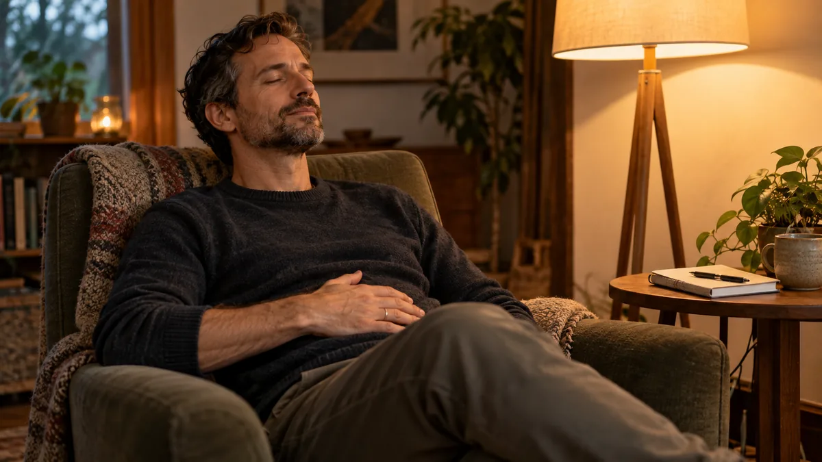 Homme assis les yeux fermés, une main sur le ventre, attentif à ses sensations intérieures