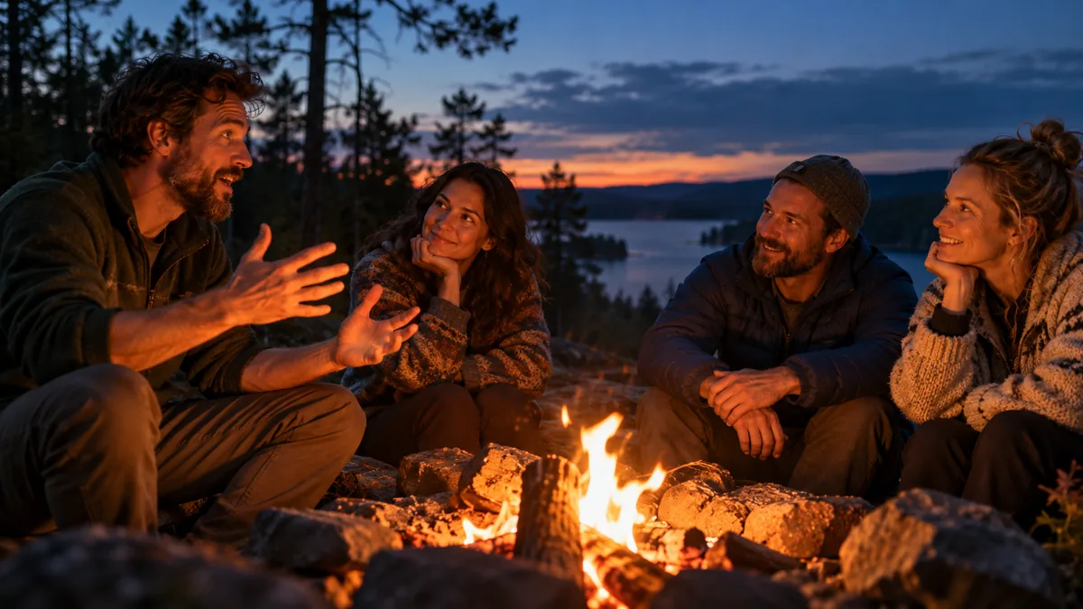 Amis écoutant captivés l'un d'eux raconter une histoire autour d'un feu de camp
