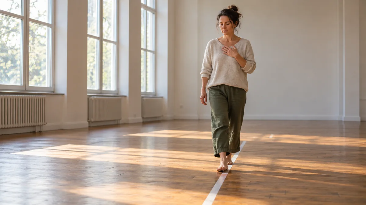 Femme marchant lentement le long d'une ligne tracée au sol, l'air pensif